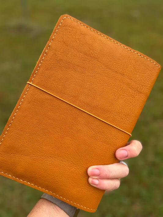 A5 Extra Width Leather Book Cover, Hermann Oak Heritage, Turmeric