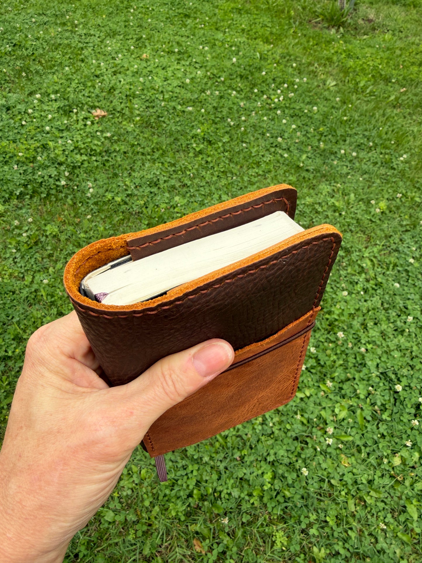 Pocket Leather Book Cover, Kodiak Caramel with Arnia Front Pocket